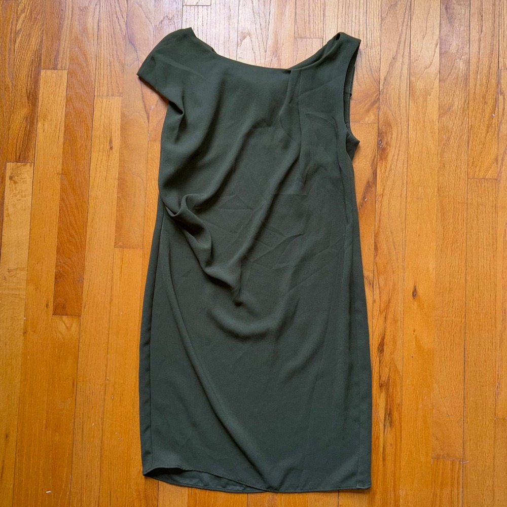 Trina Turk Olive Green Draped Cowl Neck Sleeveless Sheath Dress 2 Minimalist